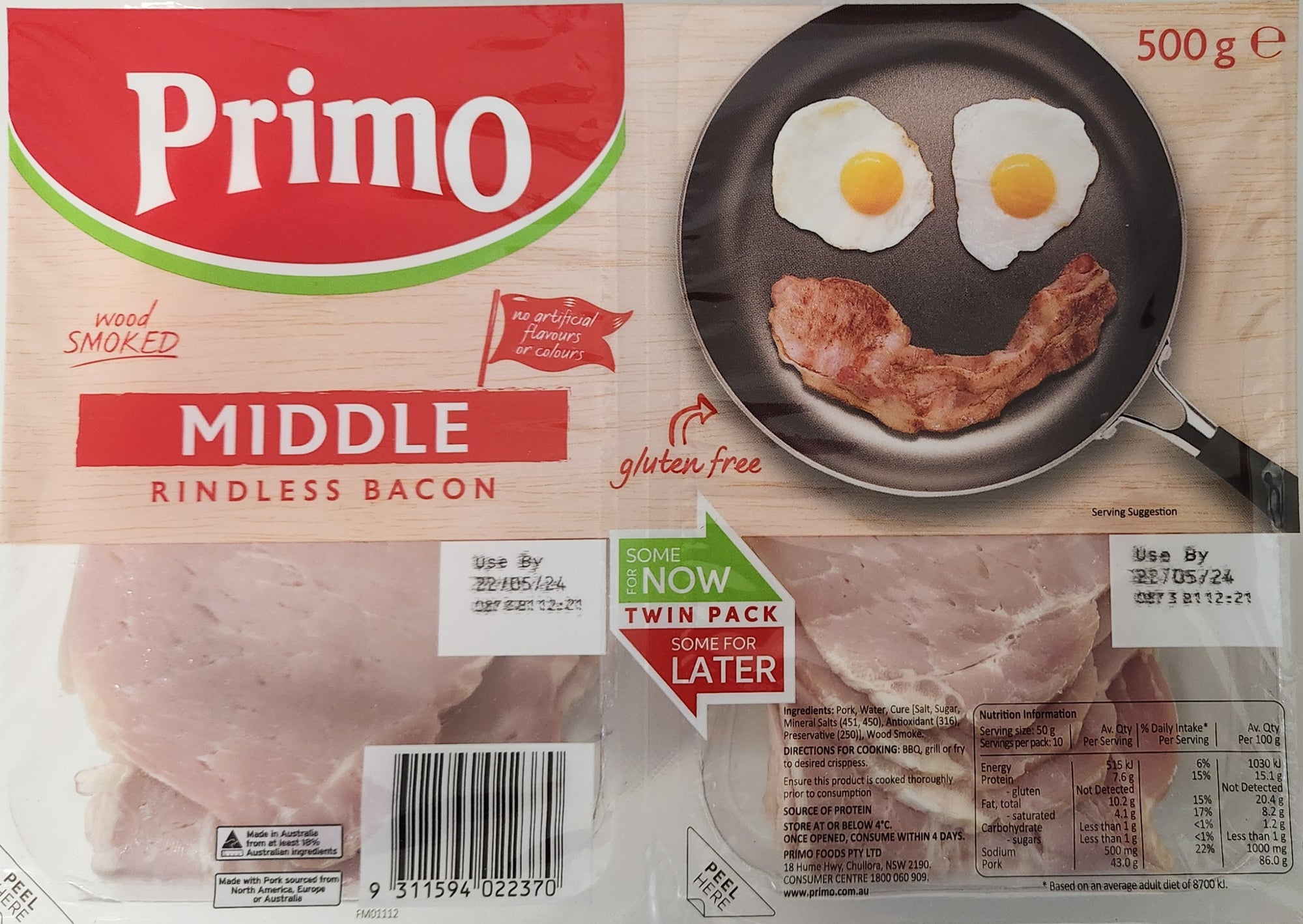 Primo Middle Bacon Twin Pack 500g